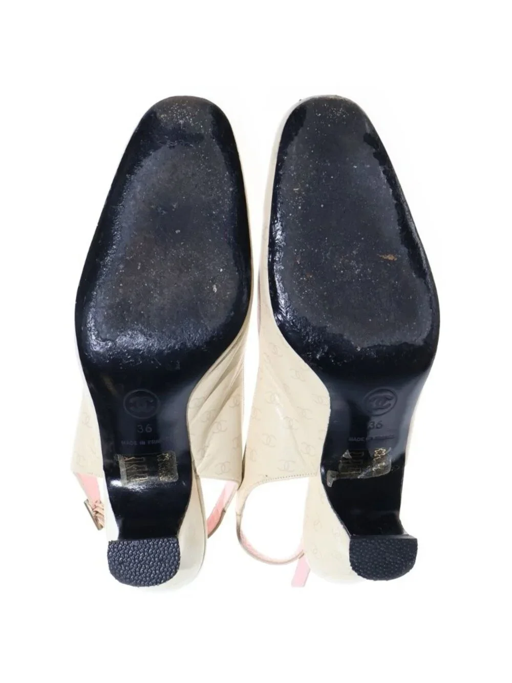 Chanel CC Logo All Over Print Leather Pumps Mules Low Heels Beige